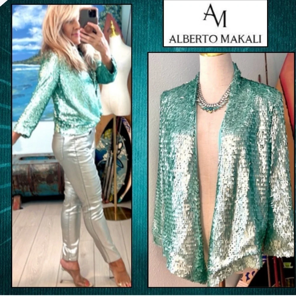 NWT,Alberto Makali,Statement Piece,Metallic Pull-Closed Cape,Unique Seafoam-Teal - Picture 3 of 14
